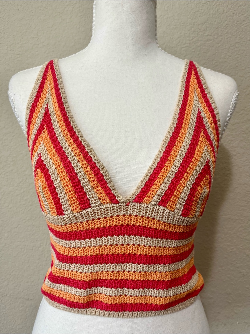 Princess Polly Crochet Striped V-Neck Tank Top in Red, Orange & Tan
